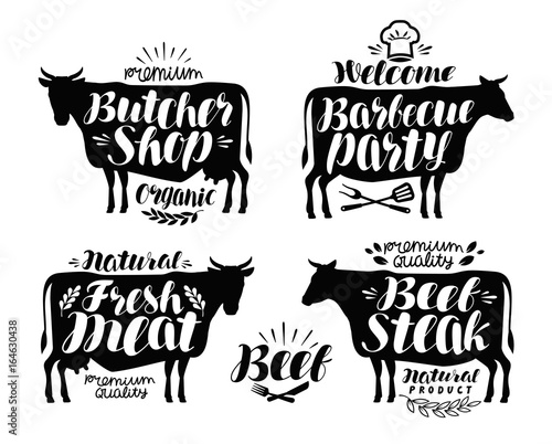 Butcher shop, barbecue party label set. Meat, beef steak, bbq icon or logo. Lettering vector illustration