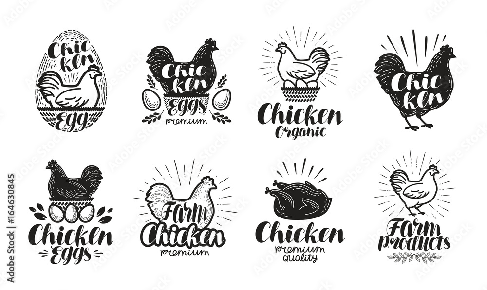 Chicken, poultry farm label set. Food, meat, egg icons or logos. Lettering vector illustration Chicken, poultry farm label set. Food, meat, egg icons or logos. Lettering vector illustration