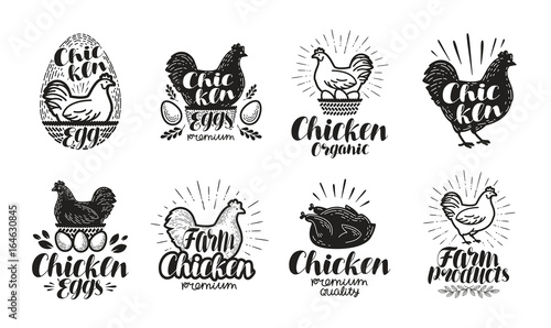 Chicken, poultry farm label set. Food, meat, egg icons or logos. Lettering vector illustration