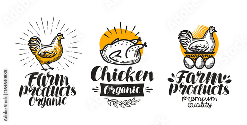 Chicken, hen label set. Poultry farm, egg, meat, broiler, pullet icon or logo. Lettering vector illustration