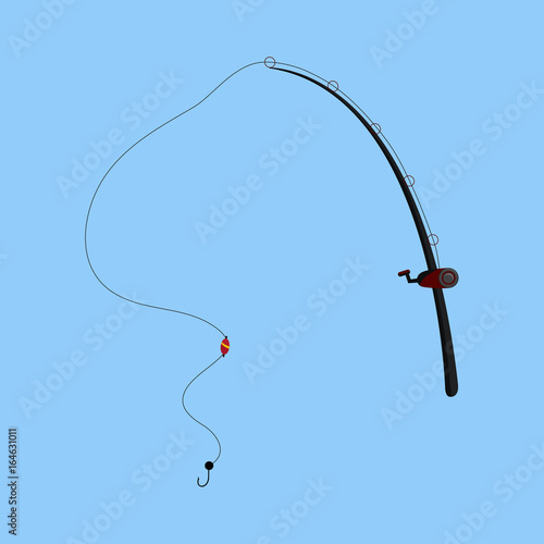 rod spinning with spoon-bait vector illustration isolated. black fishing rod silhouette. concept of relaxation, tourism, ocean fishing, spinnerbait, spoon-bait, hunting. isolated
