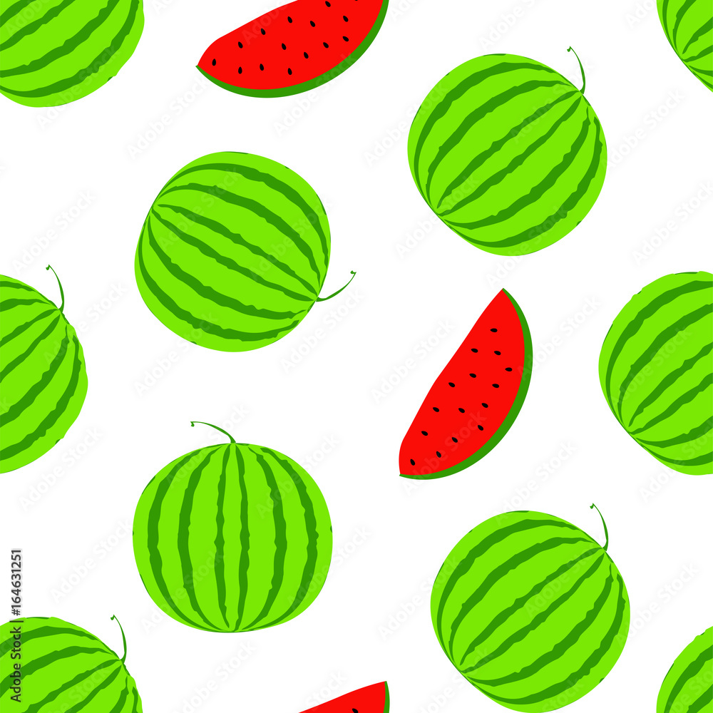 Summer positive vector seamless background with big watermelon. Visual vitamins pattern. Green and red watermelon slice illustration. White texture with fresh melon berry. Summer positive vector seamless background with big watermelon. Visual vitamins pattern. Green and red watermelon slice illustration. White texture with fresh melon berry.
