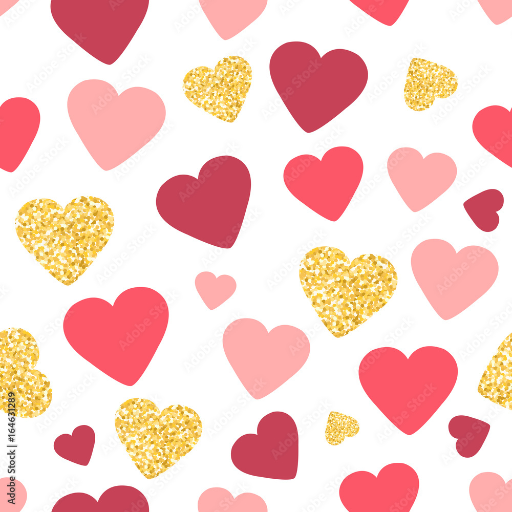 Seamless pattern background with gold glitter and pink hearts