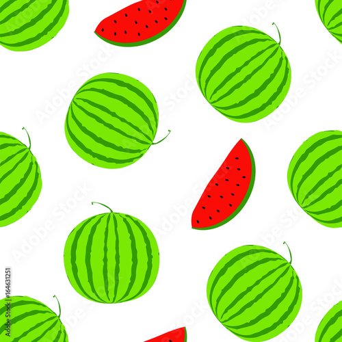 Summer positive vector seamless background with big watermelon. Visual vitamins pattern. Green and red watermelon slice illustration. White texture with fresh melon berry.