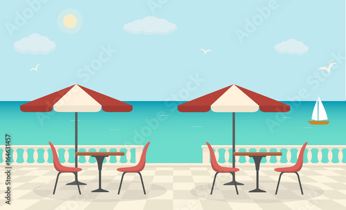 Cafe on the terrace near the sea. Sea landscape. Vector illustration. 
