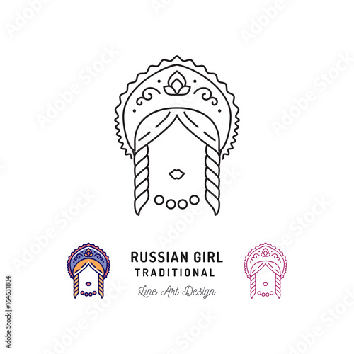 Russian girl traditional, Snow Maiden, women kokoshnik. Traveling in Russia ultra-trendy symbol, thin line art icons. Vector flat illustration