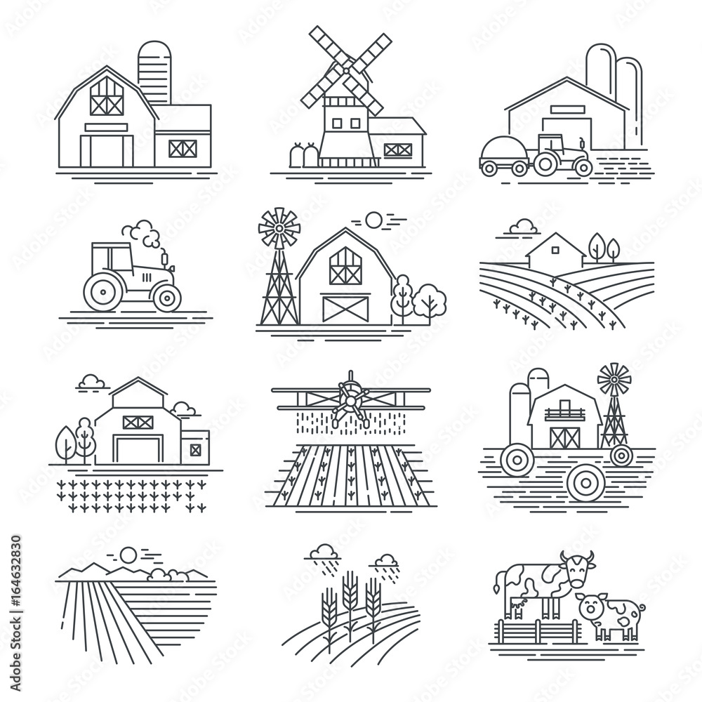 Farm and farming fields linear vector icons isolated on white background. Farming and agriculture life concept. Harvester tractors and village buildings. Thin black line style