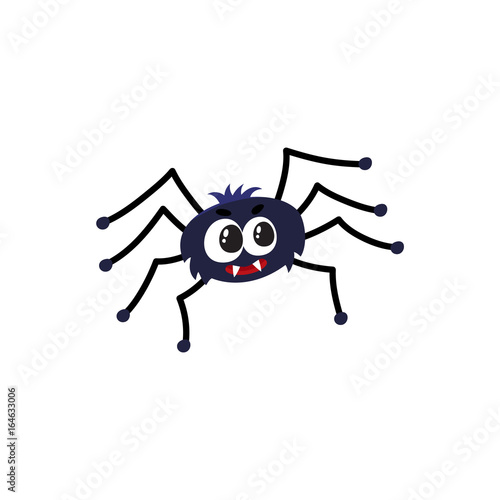 Cute and funny black spider, traditional Halloween symbol, cartoon vector illustration isolated on white background. Cartoon style Halloween spider with wide spread wings, cute little creature