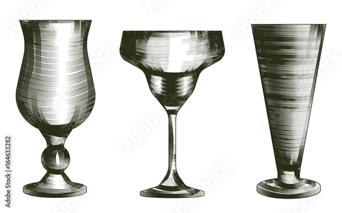 Set of glasses goblets in engraved style.Iisolated on white background.