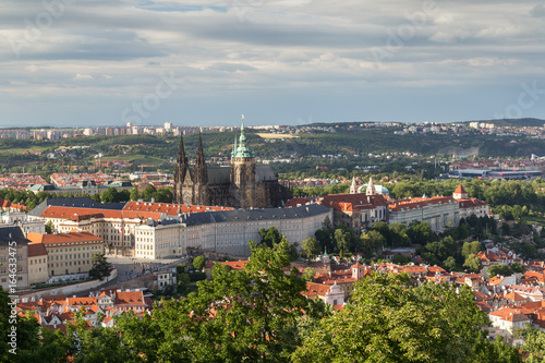 View of the Prague Castle and old buildings at the Mala Strana District (Lesser Town) in Prague, Czech Republic, from above.