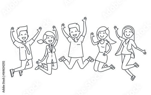 Happy people jumping line vector illustration isolated on white background