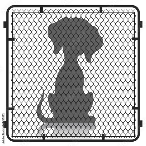 Silhouette of a dog in a cage.