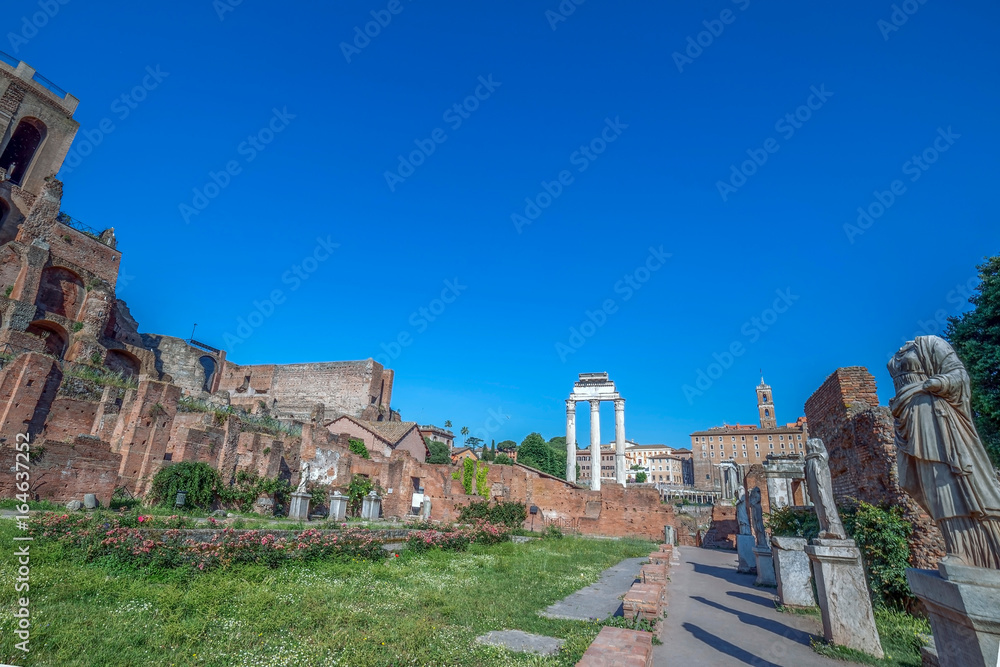Alley of the Vestals with statues in the Roman Forum, Rome, Italy.
