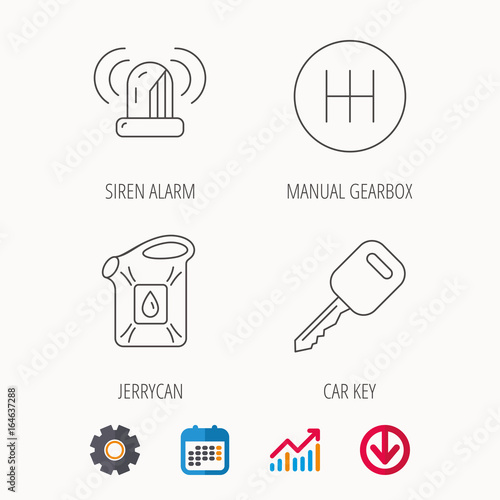 Manual gearbox, jerrycan and car key icons. Siren alarm, fuel jerrycan linear signs. Calendar, Graph chart and Cogwheel signs. Download colored web icon. Vector