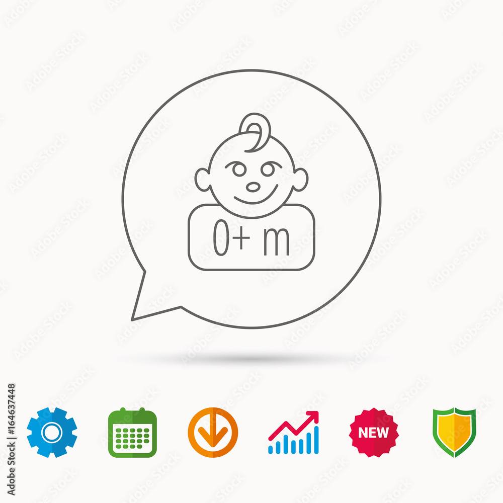 Baby face icon. Newborn child sign. Use of one months and plus symbol. Calendar, Graph chart and Cogwheel signs. Download and Shield web icons. Vector Baby face icon. Newborn child sign. Use of one months and plus symbol. Calendar, Graph chart and Cogwheel signs. Download and Shield web icons. Vector