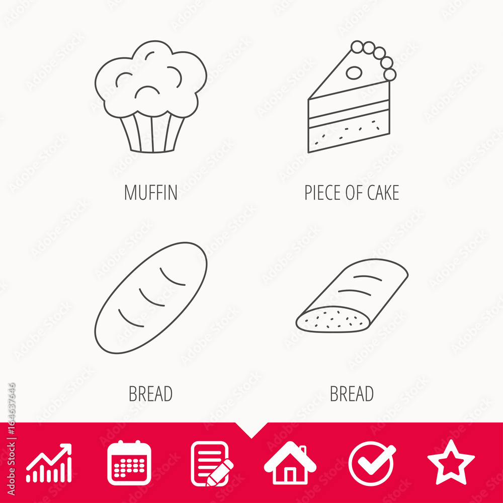 Sweet muffin, cake and bread icons. Piece of cake linear sign. Edit document, Calendar and Graph chart signs. Star, Check and House web icons. Vector Sweet muffin, cake and bread icons. Piece of cake linear sign. Edit document, Calendar and Graph chart signs. Star, Check and House web icons. Vector