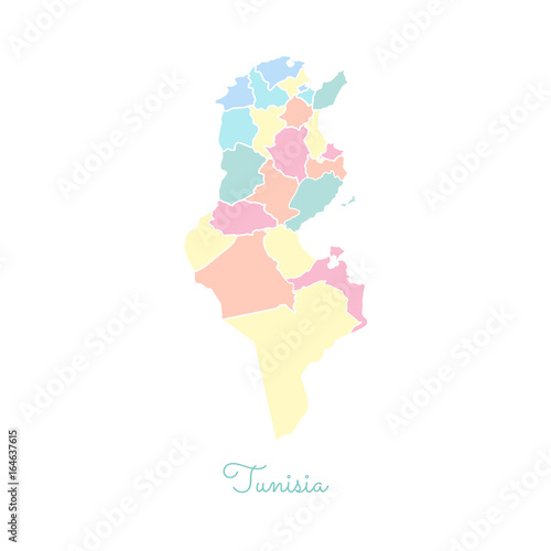 Tunisia region map: colorful with white outline. Detailed map of Tunisia regions. Vector illustration.