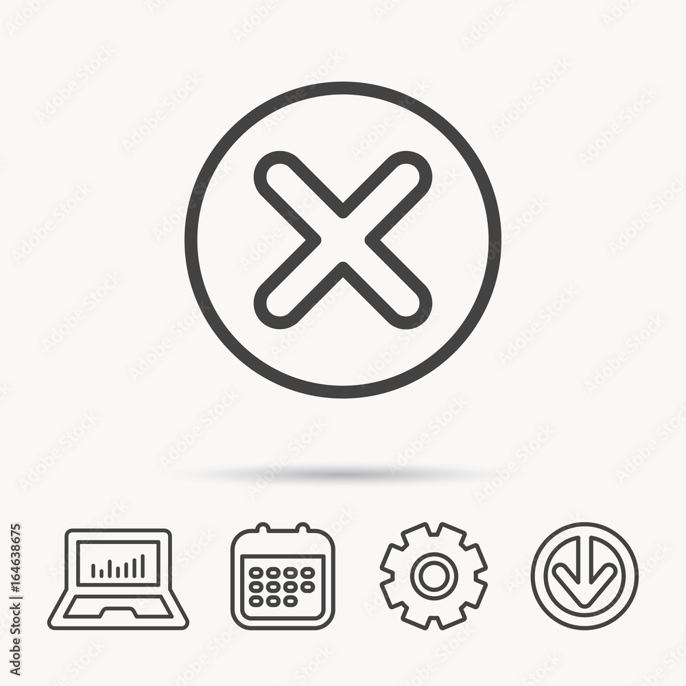 Delete icon. Decline or Remove sign. Cancel symbol. Notebook, Calendar and Cogwheel signs. Download arrow web icon. Vector Delete icon. Decline or Remove sign. Cancel symbol. Notebook, Calendar and Cogwheel signs. Download arrow web icon. Vector