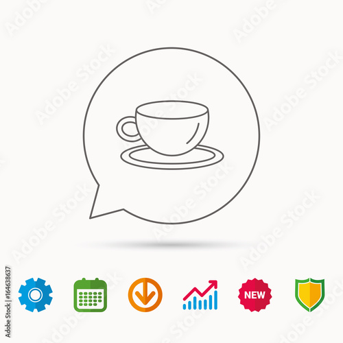 Coffee cup icon. Tea or hot drink sign. Calendar  Graph chart and Cogwheel signs. Download and Shield web icons. Vector