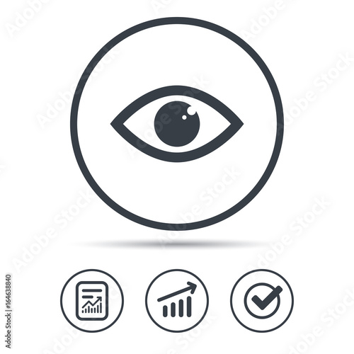 Eye icon. Eyeball vision symbol. Report document, Graph chart and Check signs. Circle web buttons. Vector