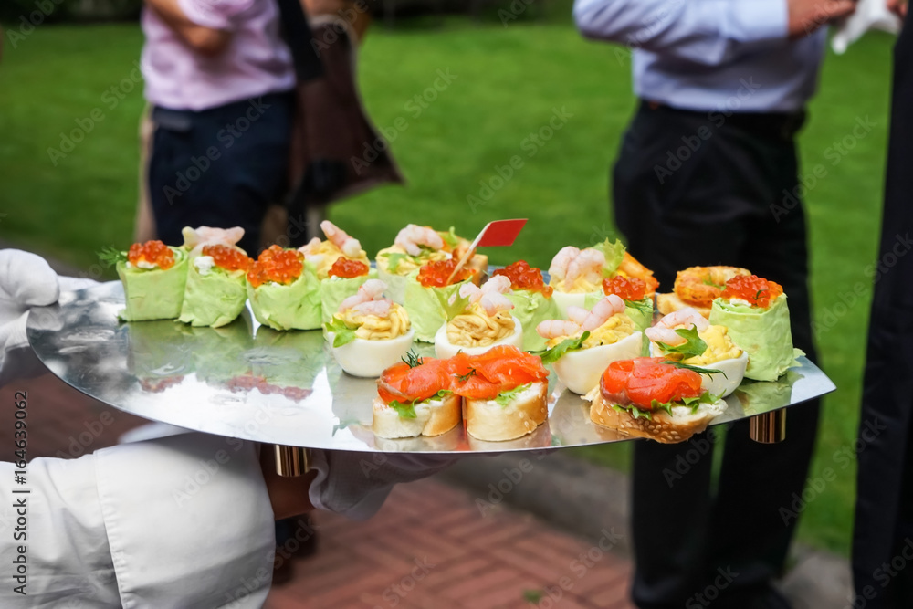 Waiter serving delicious snacks outdoors Waiter serving delicious snacks outdoors