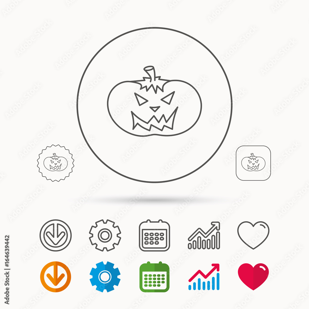 Halloween pumpkin icon. Scary smile sign. Calendar, Graph chart and Cogwheel signs. Download and Heart love linear web icons. Vector