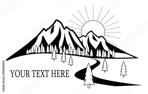 Mountains logo with forest and sunset