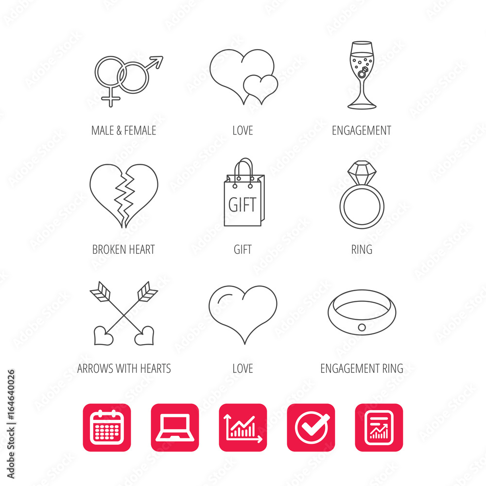 Love heart, gift box and wedding ring icons. Broken heart and engagement linear signs. Valentine amour arrows, brilliant flat line icons. Report document, Graph chart and Calendar signs. Vector Love heart, gift box and wedding ring icons. Broken heart and engagement linear signs. Valentine amour arrows, brilliant flat line icons. Report document, Graph chart and Calendar signs. Vector