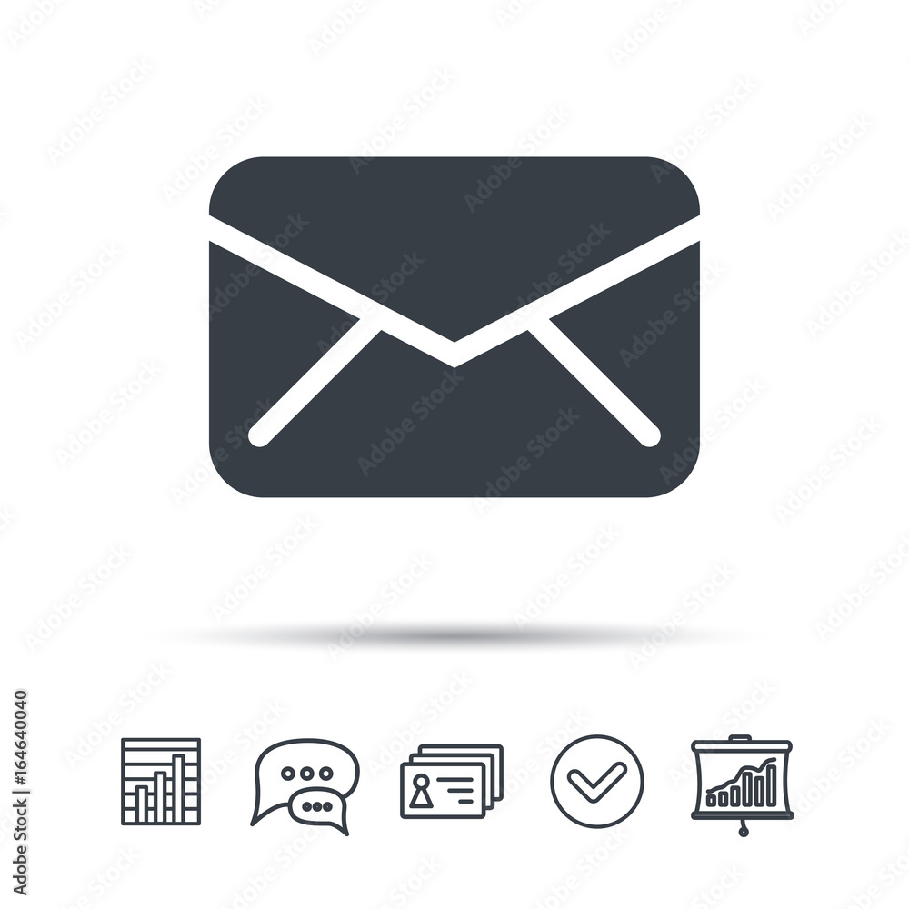 Envelope icon. Send email message sign. Internet mailing symbol. Chat speech bubble, chart and presentation signs. Contacts and tick web icons. Vector Envelope icon. Send email message sign. Internet mailing symbol. Chat speech bubble, chart and presentation signs. Contacts and tick web icons. Vector