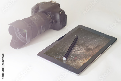 Astrophotography concept, DSLR, digital tablet photo