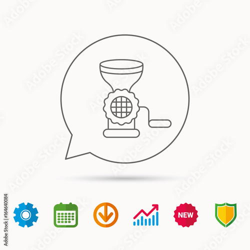 Meat grinder icon. Manual mincer sign. Kitchen tool symbol. Calendar, Graph chart and Cogwheel signs. Download and Shield web icons. Vector