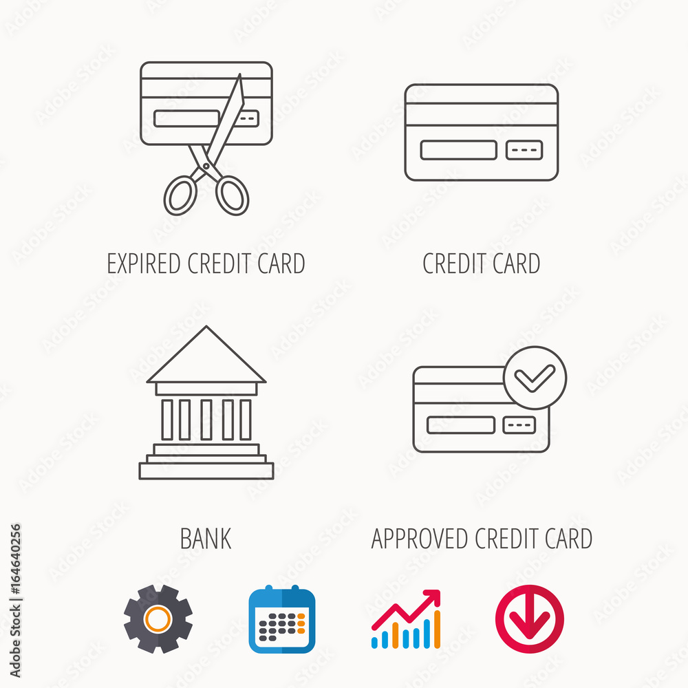 Bank credit card, approved card icons. Expired credit card linear sign. Calendar, Graph chart and Cogwheel signs. Download colored web icon. Vector Bank credit card, approved card icons. Expired credit card linear sign. Calendar, Graph chart and Cogwheel signs. Download colored web icon. Vector