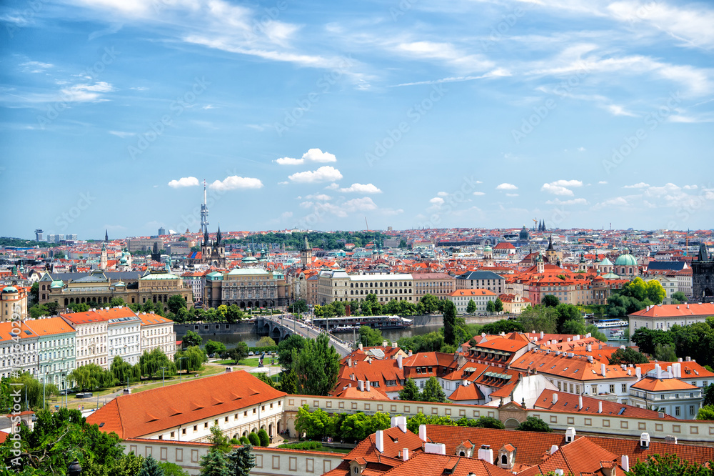 Obraz na plátně panorama of Prague with blue sky