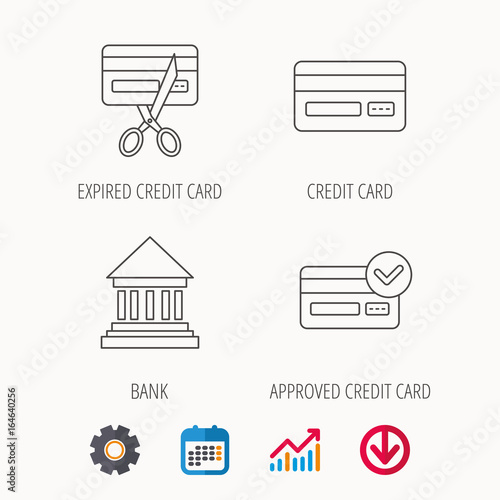 Bank credit card, approved card icons. Expired credit card linear sign. Calendar, Graph chart and Cogwheel signs. Download colored web icon. Vector