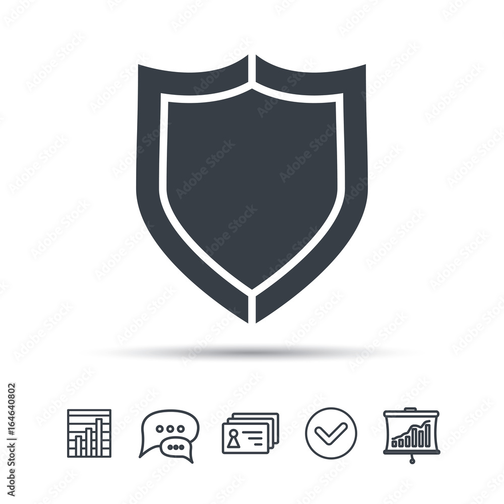 Shield protection icon. Defense equipment symbol. Chat speech bubble, chart and presentation signs. Contacts and tick web icons. Vector Shield protection icon. Defense equipment symbol. Chat speech bubble, chart and presentation signs. Contacts and tick web icons. Vector