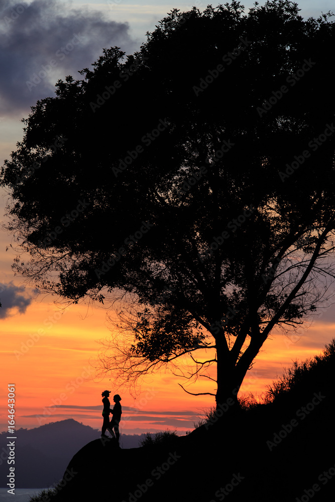 A silhouette Unidentified people standing on the rock with Beautiful sunset and silhouette tree