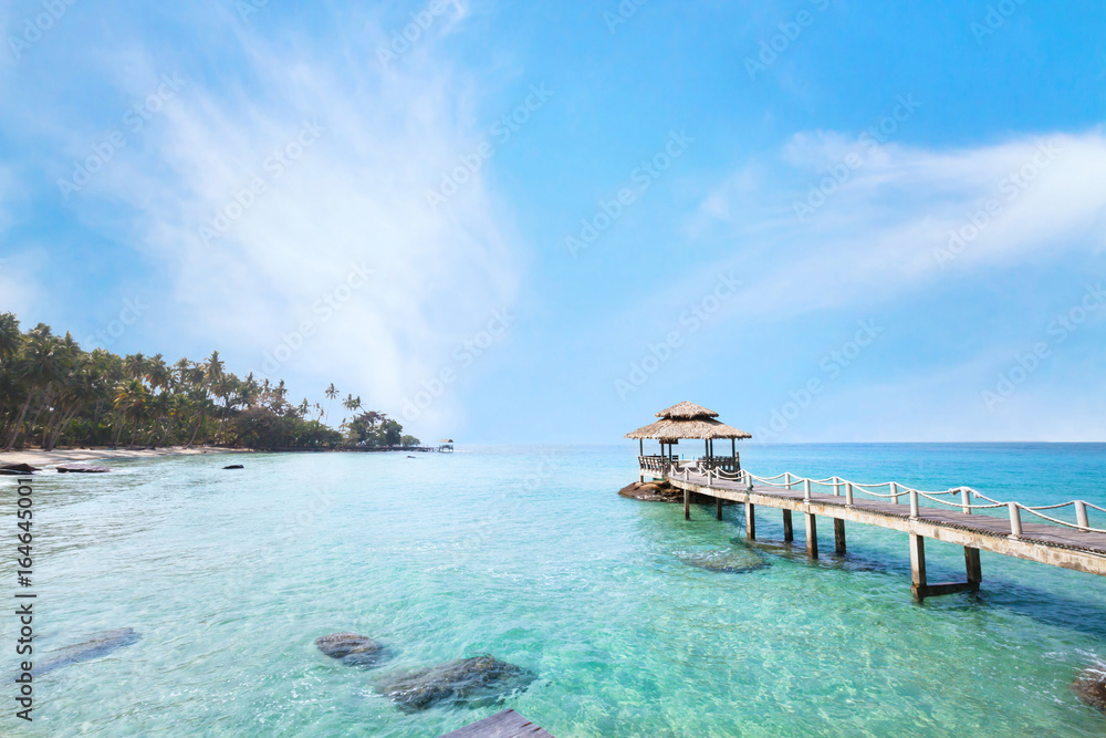 beautiful tropical paradise beach landscape, island with pier in turquoise water