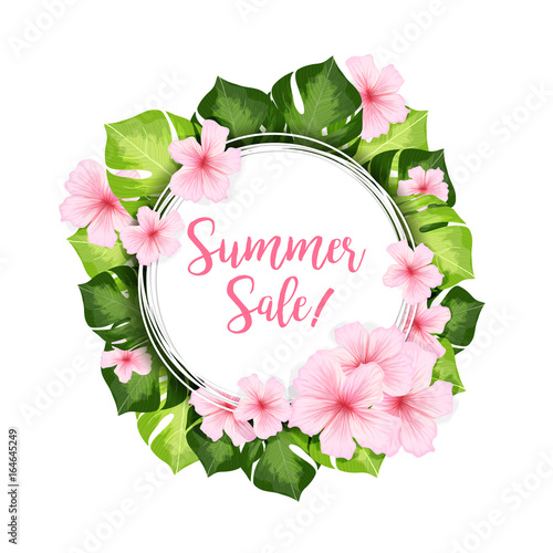 Summer Sale circle banner or frame of green leaves and pink hawaiian flowers. Realistic vector creative illustration for summer advertising design