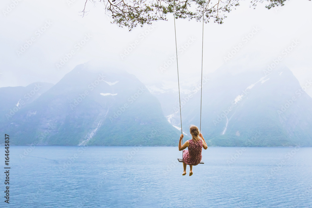 romantic beautiful girl on swing in Norway, happy dreamer, inspiration background - obrazy, fototapety, plakaty 