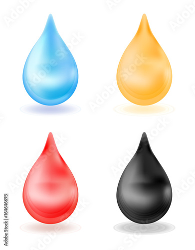 Set of realistic drops  yellow  blue  red  black. 3d drop isolated on white background. Water  blood  oil honey Vector illustration