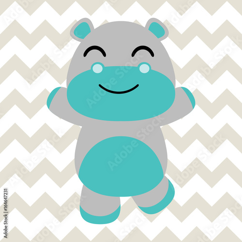 Baby nursery wall with vector cartoon of cute baby hippo on chevron backgroun...