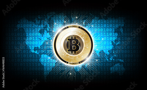 Golden bitcoin digital currency on binary code world map, futuristic digital money, technology worldwide network concept, vector illustration