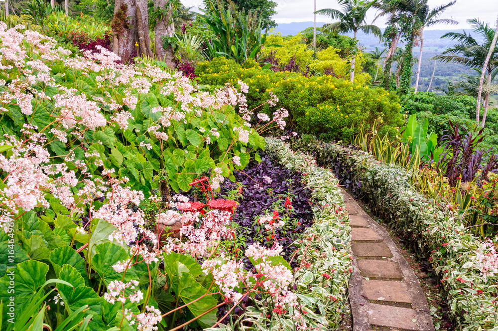 Little path between the flower beds in The Summit Gardens - Port Vila, Efate Island, Vanuatu
