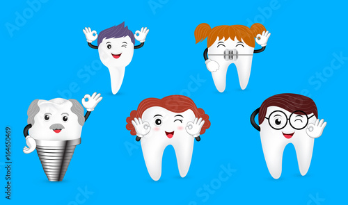 Set of cute cartoon tooth family showing okay hand sign. Dental care concept. Illustration isolated on blue background.