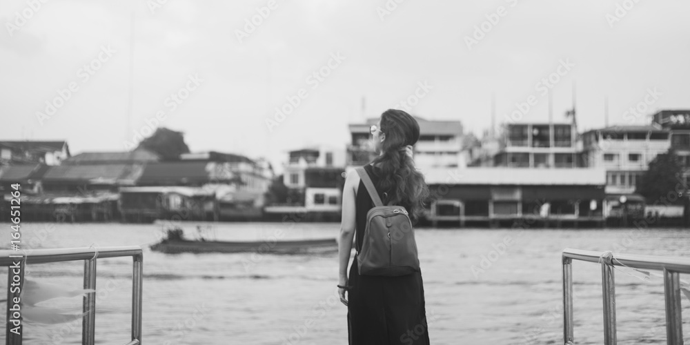 Woman Caucasian Traveler Explore River Dock Concept