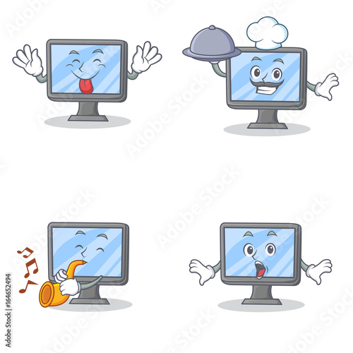 Set of monitor character with tongue out chef trumpet surprised