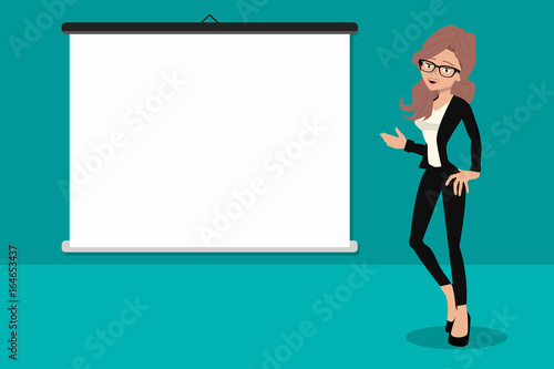 Employee women shows enthusiasm for new job opportunity in white poster to fill out. job vacancy. Office meeting