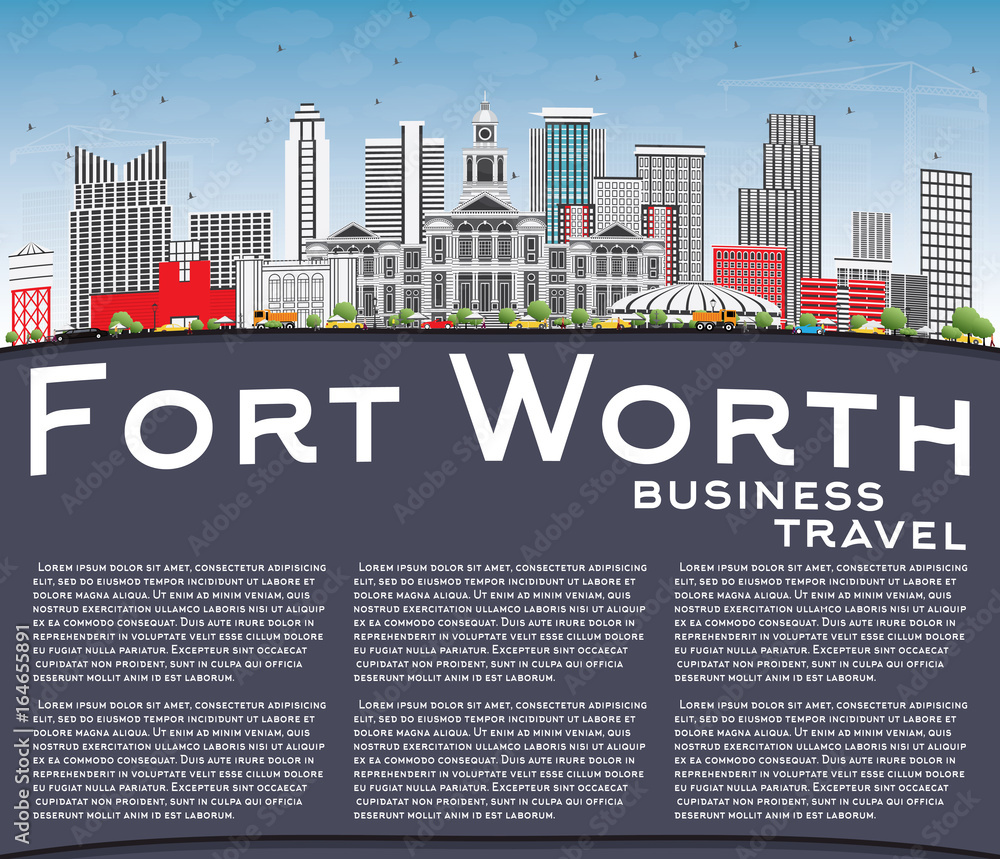 Fort Worth Skyline with Gray Buildings, Blue Sky and Copy Space.