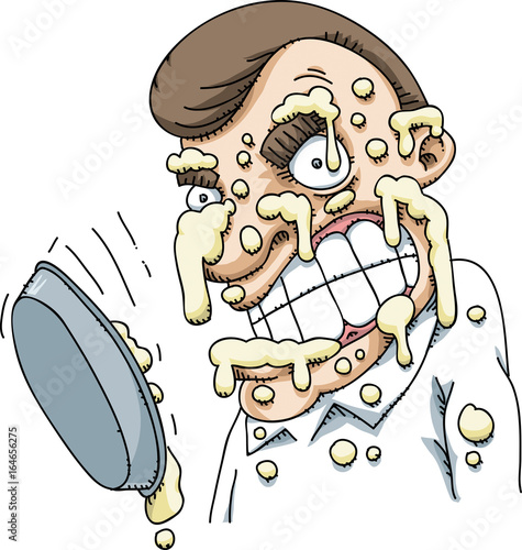 A cartoon of a very angry man because he's had a cream pie splatted in his face.