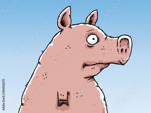 A cartoon of a pink pig looking confused and worried.